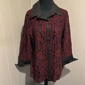 mishca black/red lace, black woven collar, front button placket & cuffs blouse